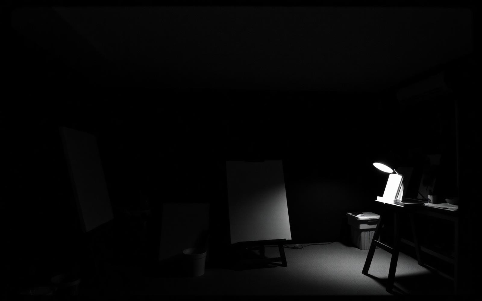 Atelier d'artiste éclairé par une lampe unique la nuit
